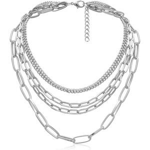 Layered Chain Necklaces for women 18 Inch Gold Plated Paperclip Chain Silver Ton